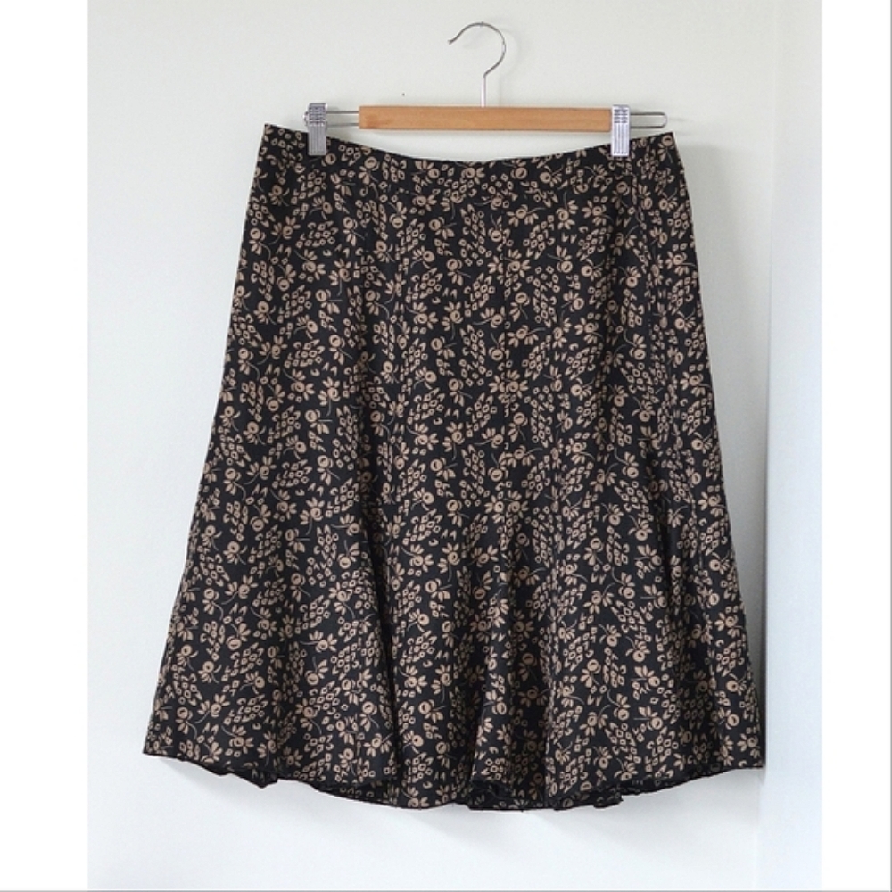 black flowy silk skirt with beige floral print, size 7/8